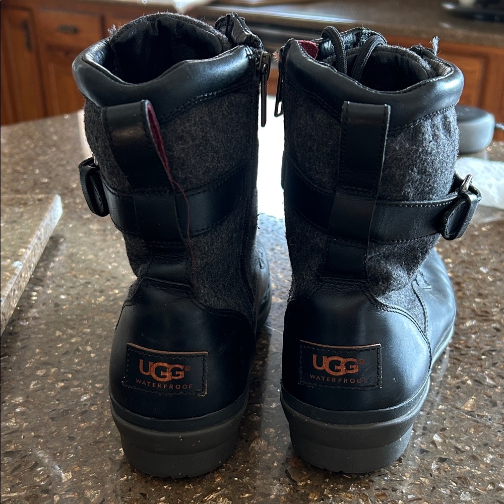 UGG Black & Gray Waterproof Mid-Calf Boots with Buckle. Size 8